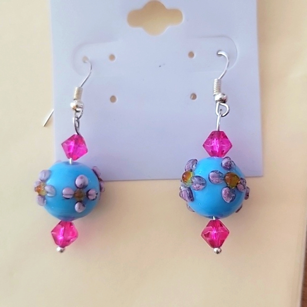 Bead earrings blue ball floral bead pink beads NWOT New without tags